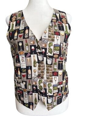 Vintage Nicole Miller Silk Wine Theme Novelty Print Vest